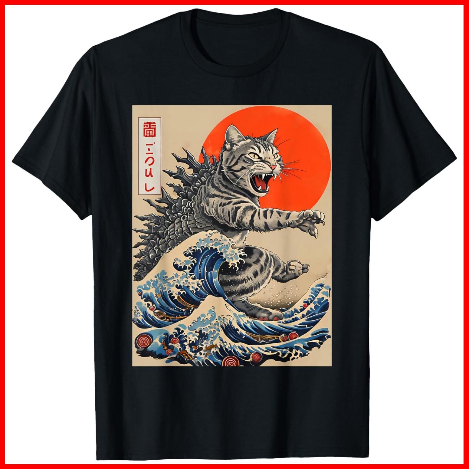 Catzilla Cat Japanese Art Funny Cat Black Cotton T-Shirt S-5XL XXXXL