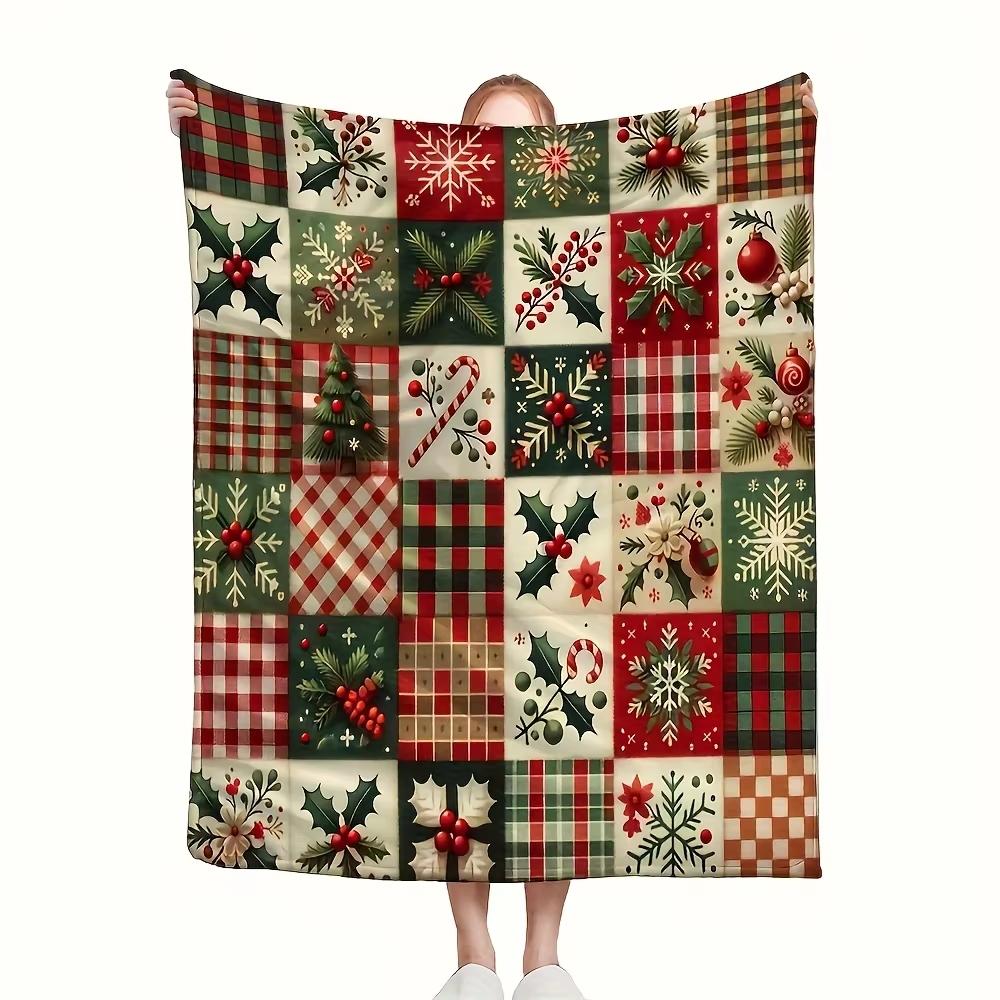 

Christmas Blanket with Festive Snowflakes Holly Berries and Plaid Patches Perfect for Living Room Leisure 30x40in