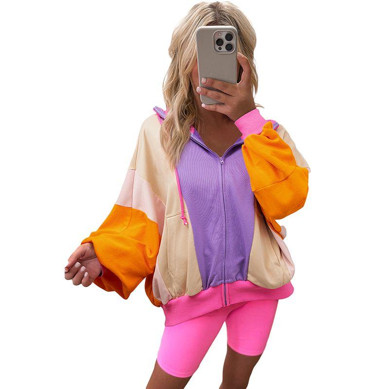 

Fashion Trendy Unique Colorblock Hood Outwear Female 2025 Winter New Arrival Loose and Warm Outer Long-Sleeves Sweatshirt Female Orange color Size S fit (45.00 kg-55.00 kg