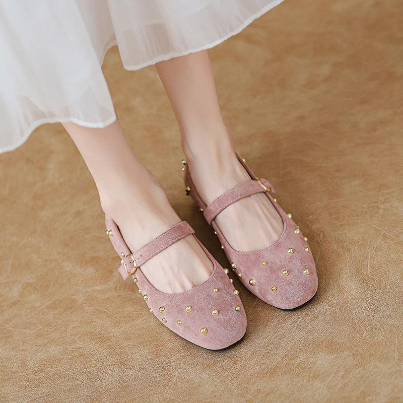 Rivet Red Mary Jane Shoes Square Head Shallow Mouth Single Shoe Inner Height Increase with Skirt Doudou