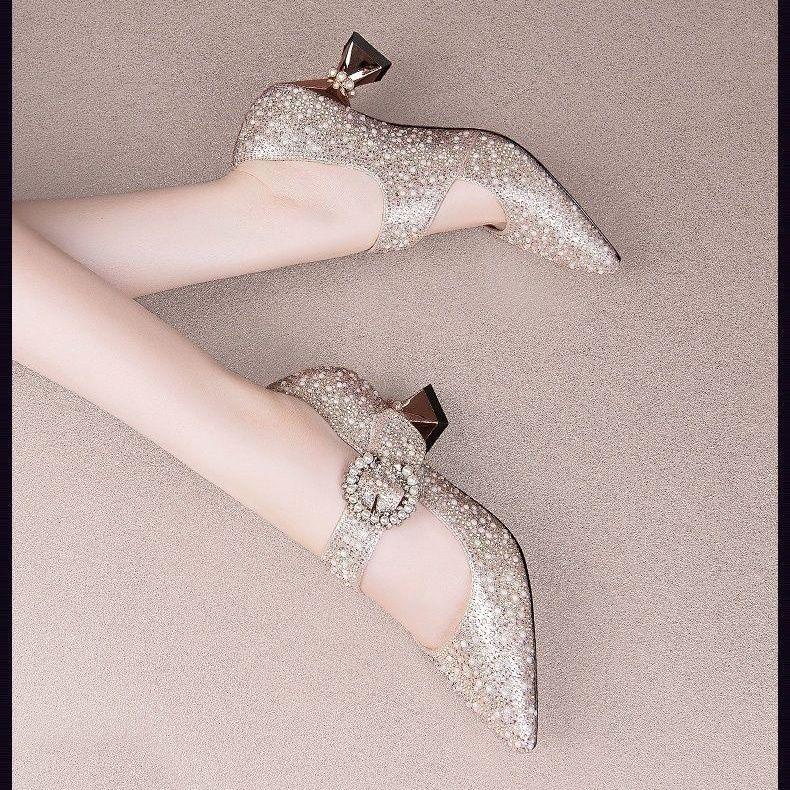 2025 Women's Chunky Heel Pointed Toe High Heels with Pearl Rhinestone Buckle