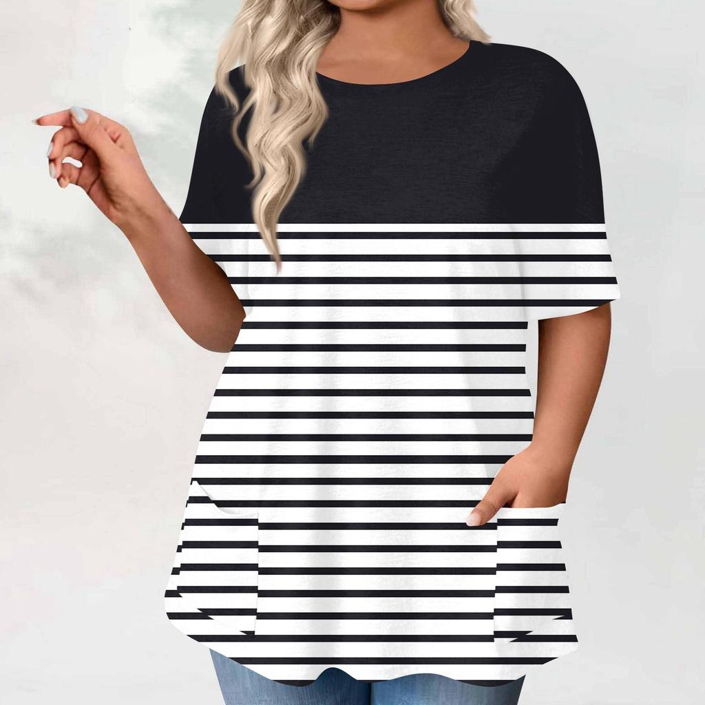 Damen Übergröße Tops Kurzarmshirts Rundhals Bedruckt Lässig Taschen Kleidung Kleidung Tops