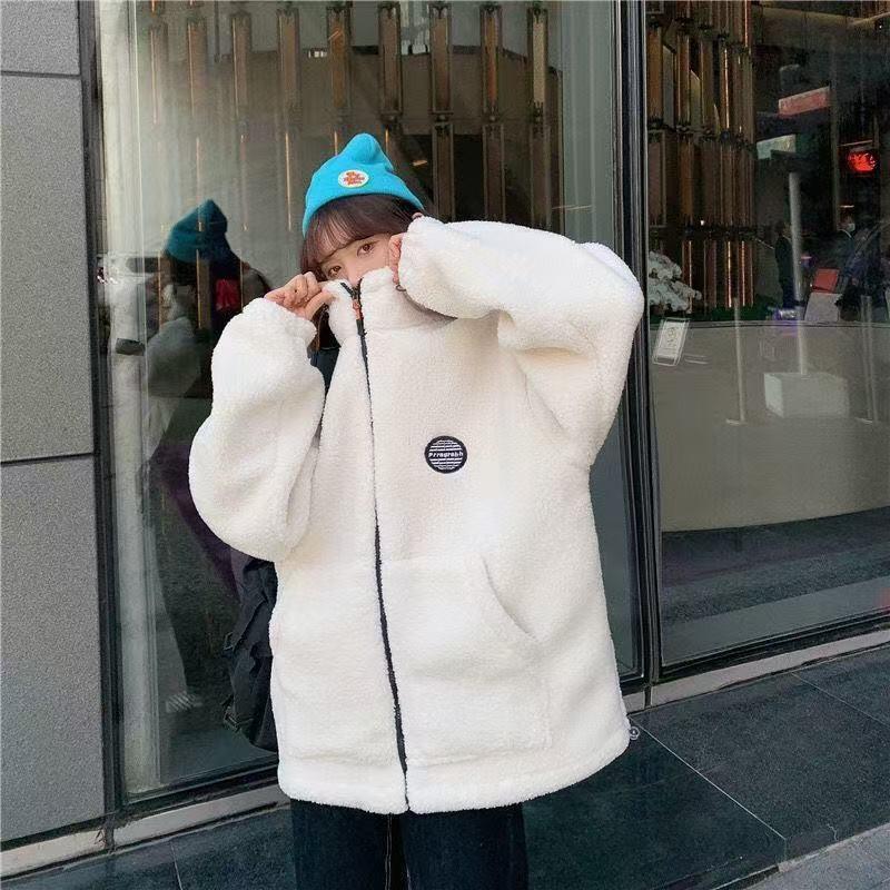 Womens Fleece Hooded Cardigan - Loose Fit Winter Casual Jacket Beige