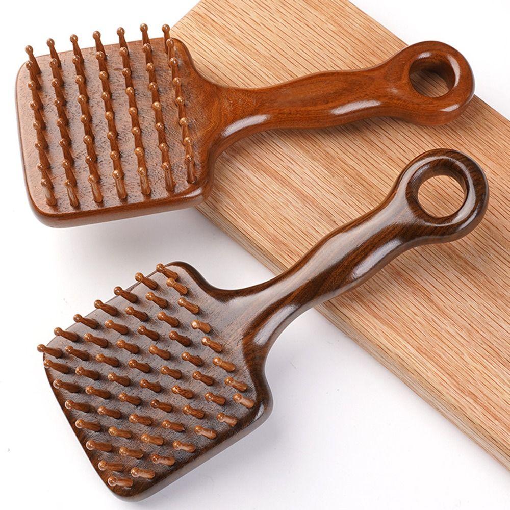 Long Handle Sandalwood Head Massage Comb Wide Tooth Meridian Hair Brush  Travel Use