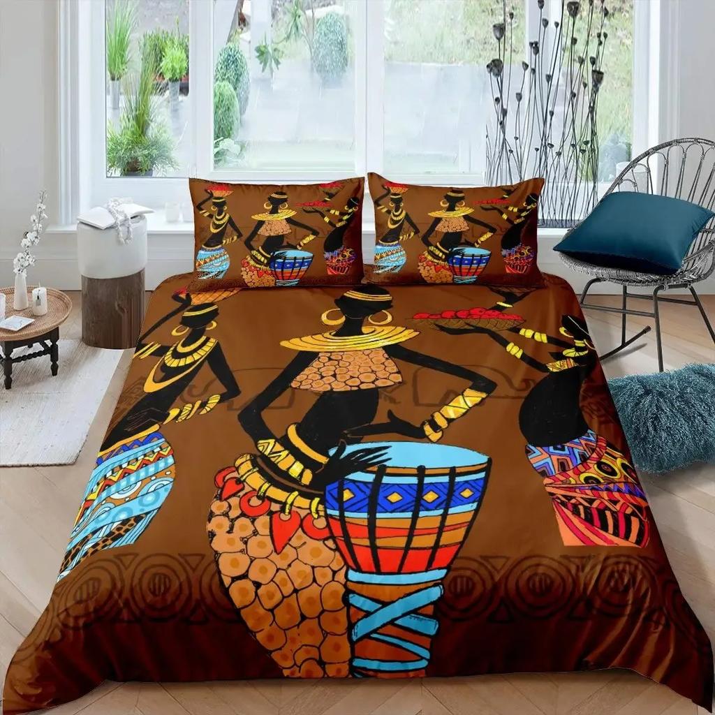 African Woman Duvet Cover Set Ethnic Afro Bedding Set African American Comforter Cover Orange Ancient Desert Bedspread