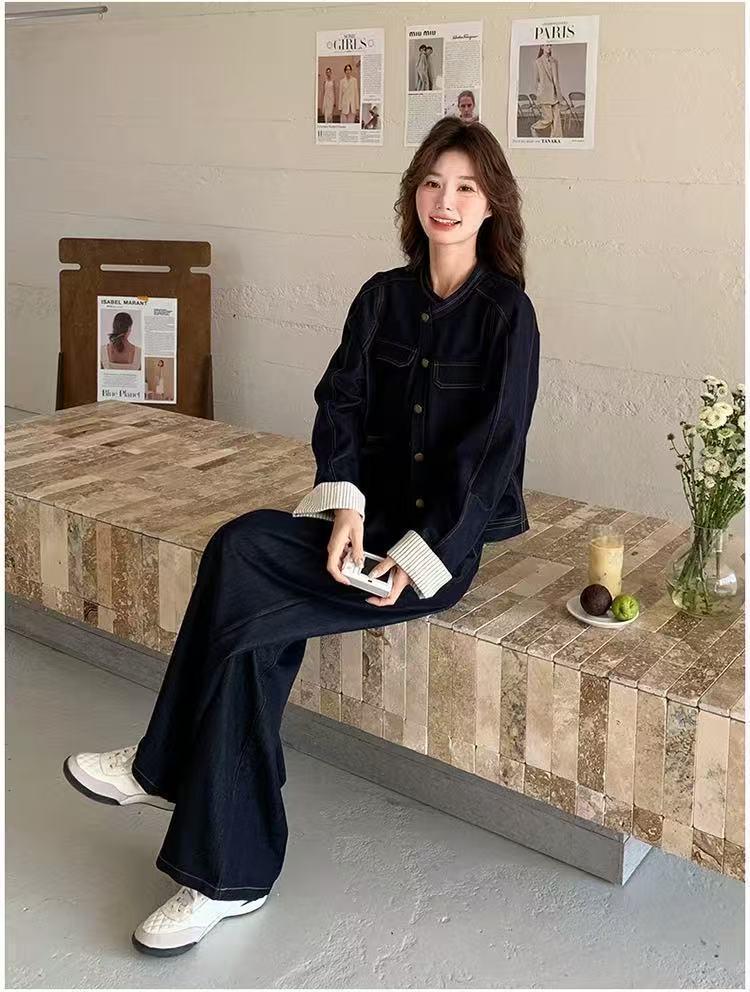 Women's Plus Size Spring & Autumn Denim Suit: Round Neck Jacket & Wide Leg Pants - Unique Two-Piece Set for Young Mothers.