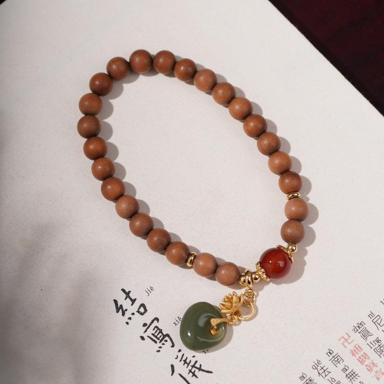 India Sandalwood 0.6 Round Buddhist Bead Bracelet with Hetian Jade Pendant