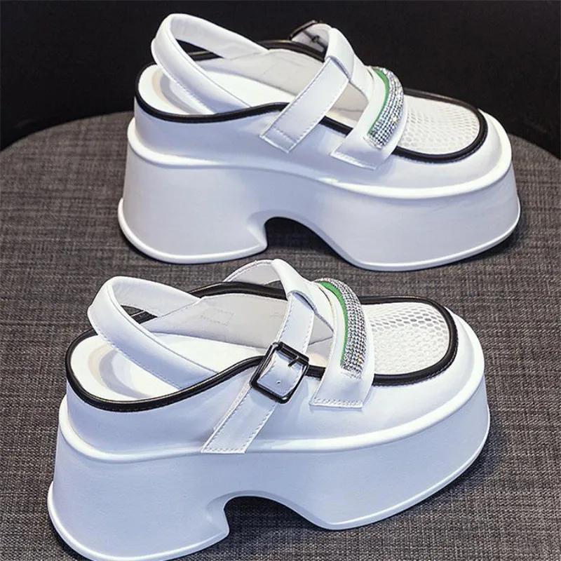 Fashion 11cm Air Mesh Genuine Leather Platform Wedge Sneakers Women Breathable Casual Hollow Chunky Summer Slippers Slides sandal