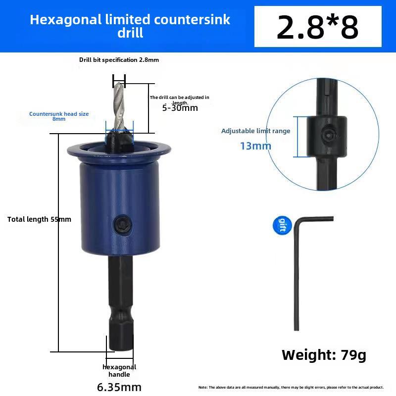 Hexagonal Handle Blue Limited Countersink Drill Bit for Woodworking and Screw Installation.