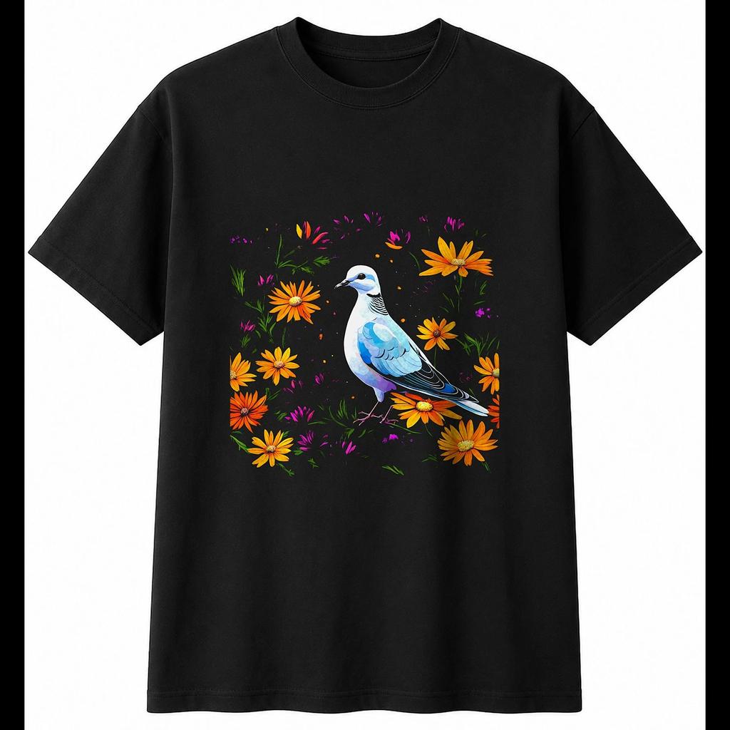 Colourful Collared Dove with Flowers Mens T-Shirt Bird Black 100% Cotton Printed