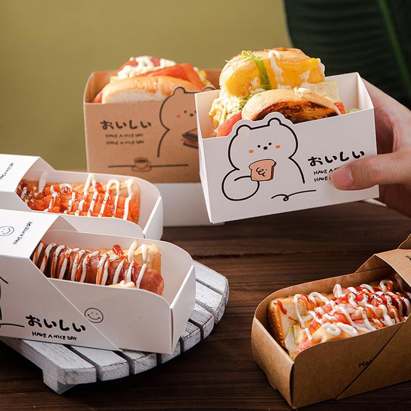 10 stk. Tegneserie Madindpakningspapiræske Brød Toast Sandwich Burger Morgenmad Takeaway Bento Engangsemballageæsker Restaurant