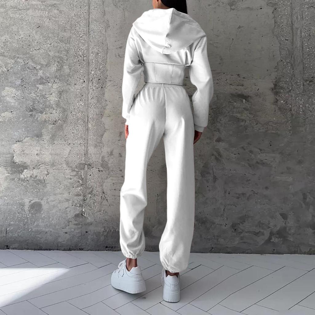Women's Color Waist-cinching Hooded Sweatshirt And Pants Set, Sporty Casual Two-Piece Set