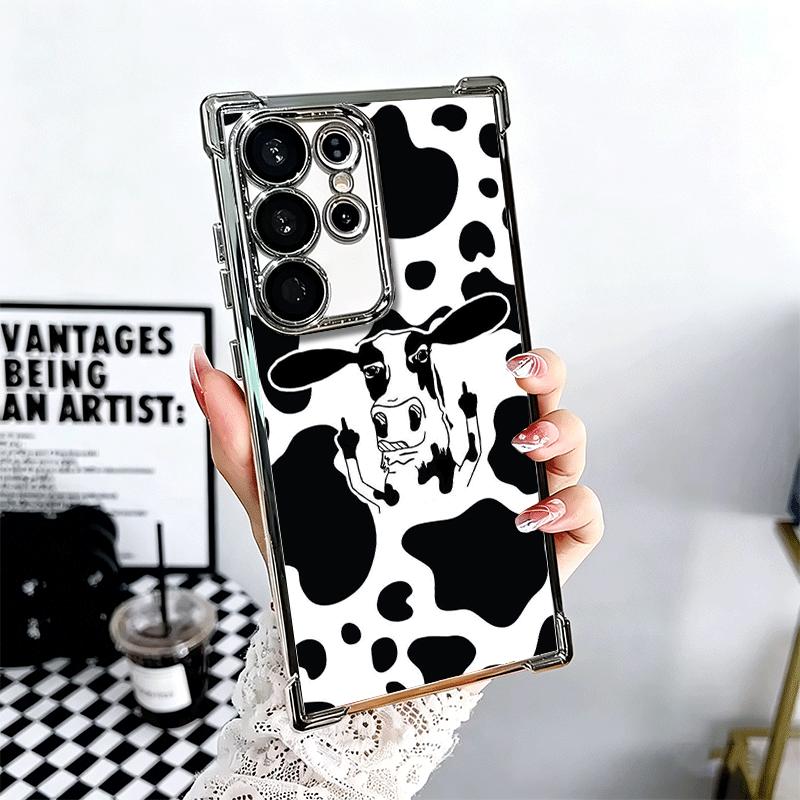 

White Black Dairy Cattle Symbol Plating Phone Case For Samsung Galaxy S24 S25 FE S26 Edge S23 Ultra S22 S21 Plus S20 Anti-Fall A Samsung S22 Ultra