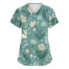 Modisches Damen-Arbeitstop mit V-Ausschnitt und kurzen Ärmeln, mit doppelten Seitenschlitzen und Taschen, featuring Osterhasen- und Eierdrucken.