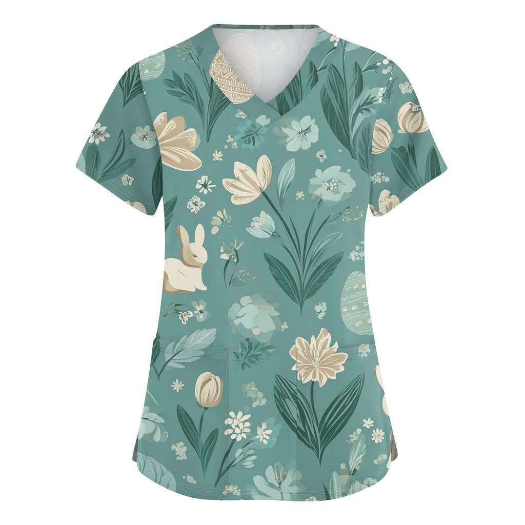 Modisches Damen-Arbeitstop mit V-Ausschnitt und kurzen Ärmeln, mit doppelten Seitenschlitzen und Taschen, featuring Osterhasen- und Eierdrucken.