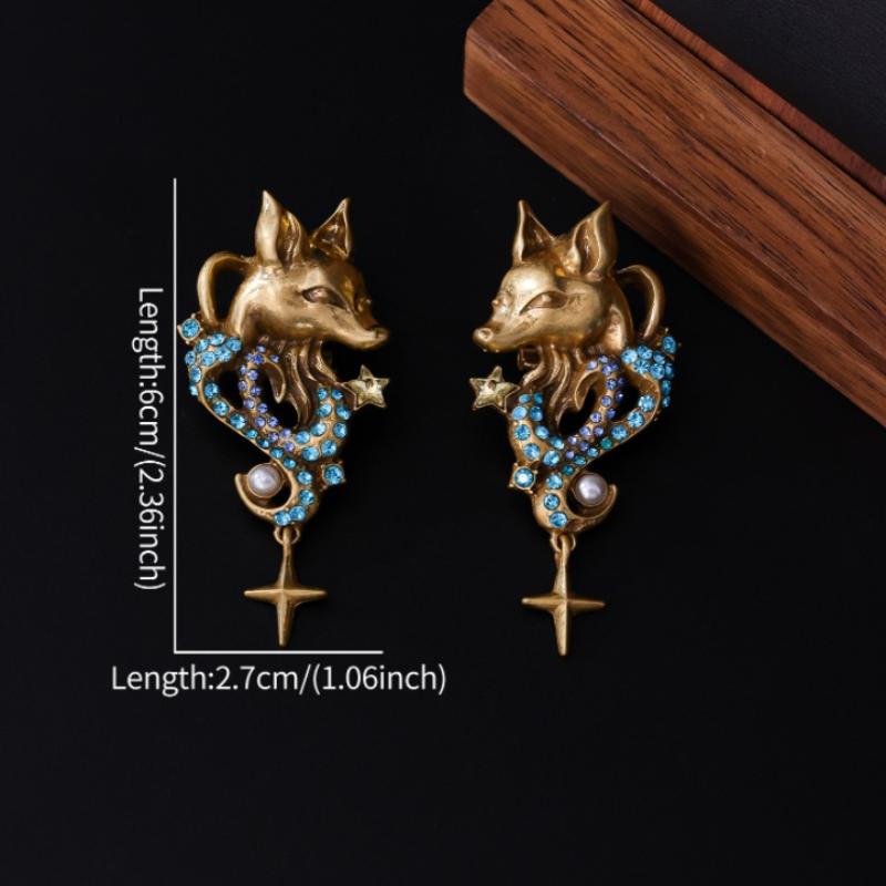 Middle Ages Fox-Shaped Earrings Unique Retro 3D Versatile Ear Studs Heavy-Duty Earbob With Colorful Diamond Inlays Jewelry Gift