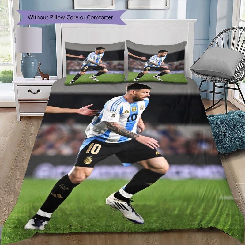 Lionel Messi GOAT Argentina No.10 Green Grass Print 3Pcs Bedding Set Without Pillow Core Washable Microfiber Football Fan Bedroom Duvet Cover Set