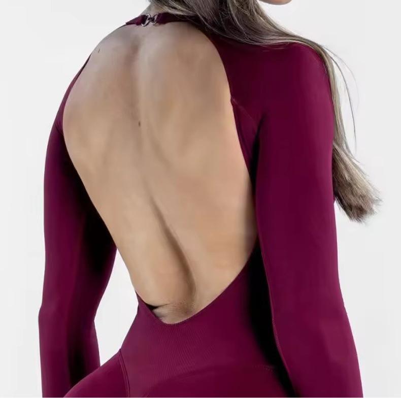 Women's Matte Long Sleeve Open-Back Yoga Jumpsuit with Shorts - Stylish Fitness Attire