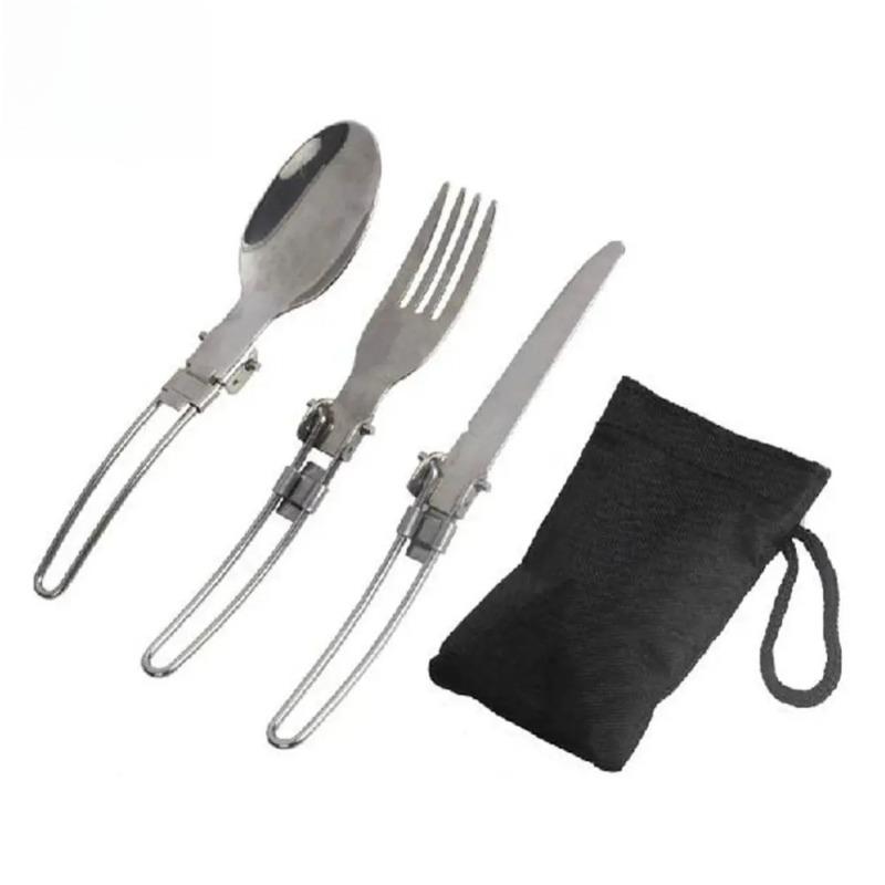 3 Pieces, 1 Set Portable Outdoor Camping Trip Picnic Foldable Stainless Steel Tableware Spoon Fork Knife Tableware Practical