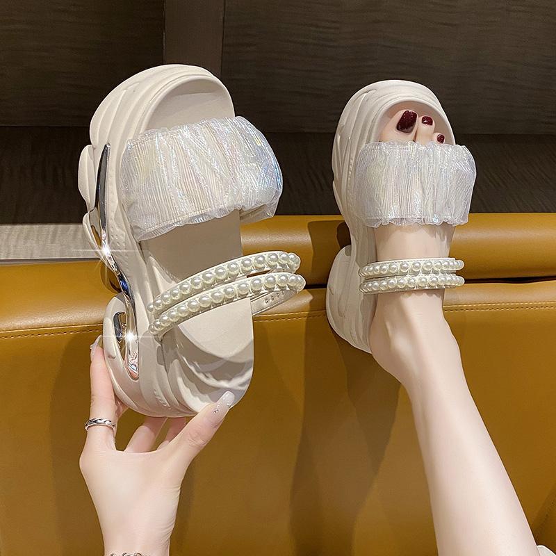 Fashion Women Summer Sandals Beach Shoes New Crystals Flip-Flops Wedge Heel Shoes Woman High Platform Bling Slippers Outside Sandals 8CM