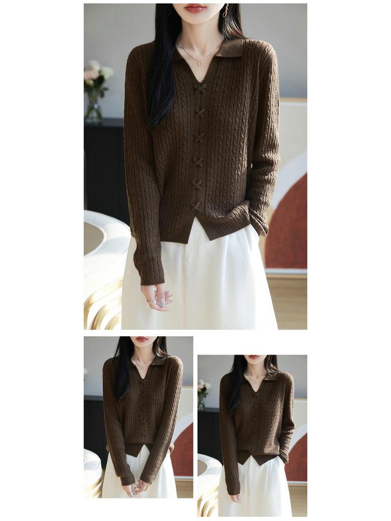 2025 Spring Women's Loose Lapel Pure Wool Cable Knit Sweater