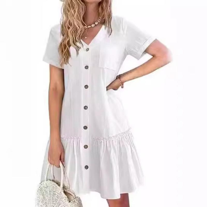Women s Summer Cotton Linen Dress, Loose Button Down V Neck Short Sleeve Ruffle Hem Casual Dress with Pockets S