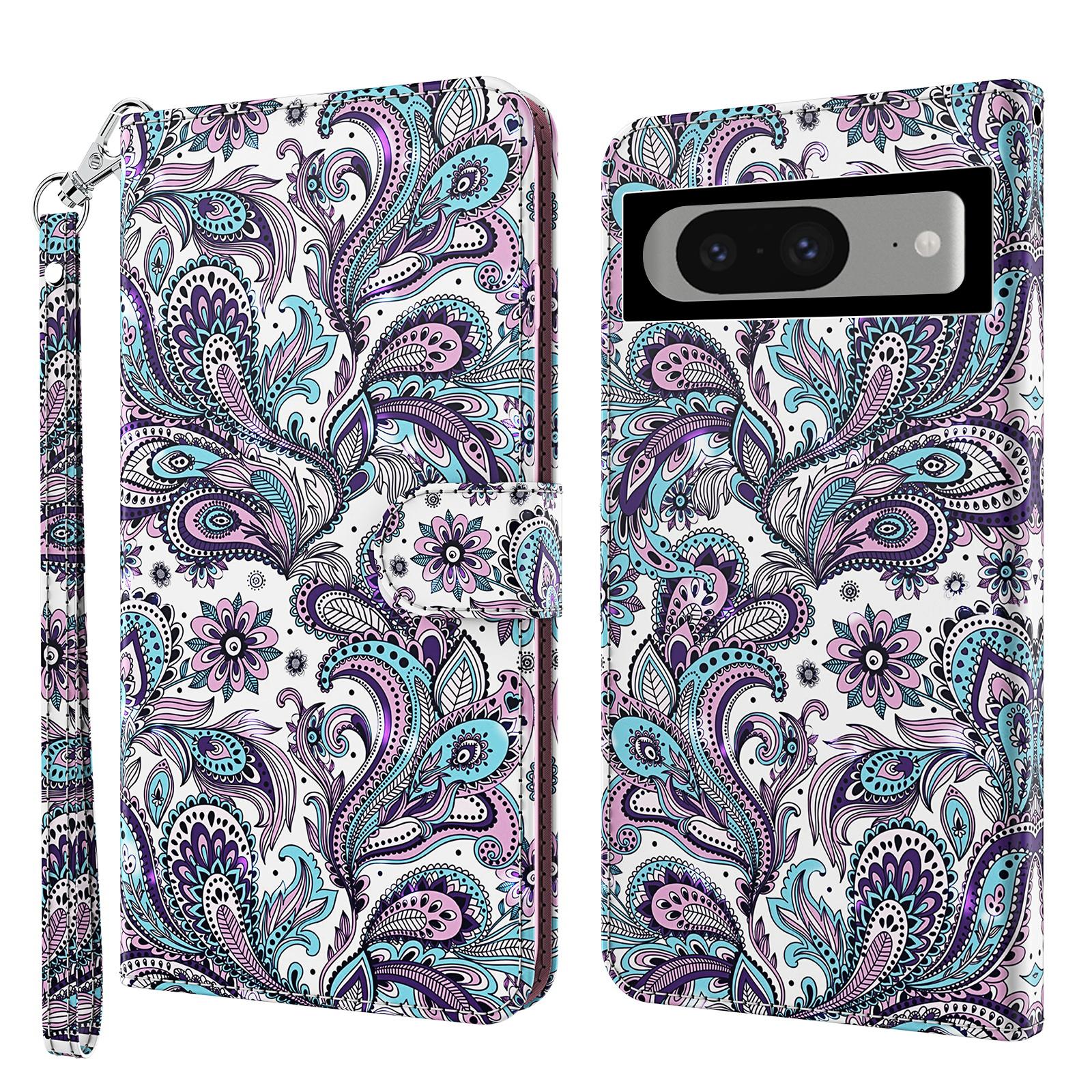 

3D Pattern Printing Phone Case for Google Pixel 8,Wallet Stand PU Leather Cover with Strap Purple Impatiens