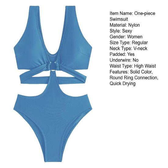 Sexy One-piece Swimwear V-Neck Sleeveless High Waist Monokini with Iron Ring Bandage Solid Color Quick Drying One-Piece Bikini