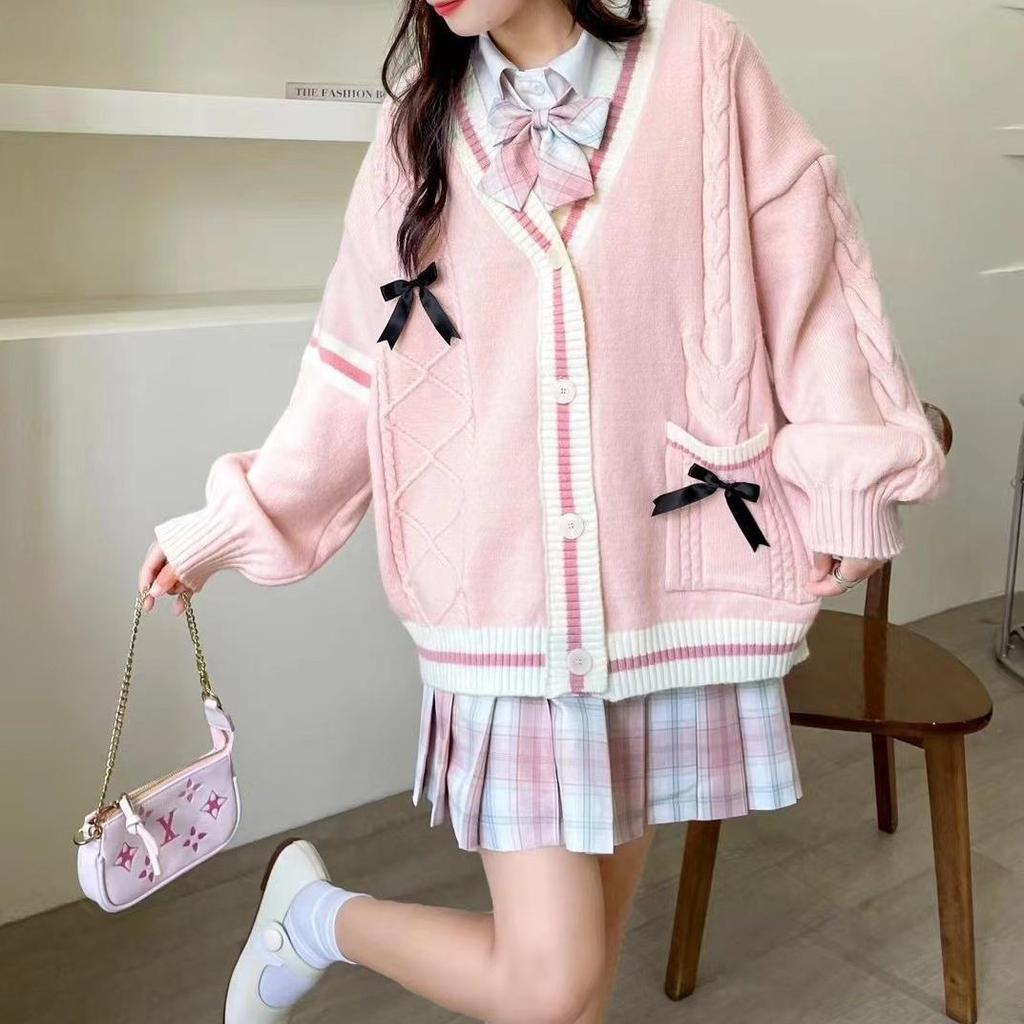 Herbst und Winter pink süße Schleife Twist Kontrastfarbe V-Ausschnitt College-Stil Strickjacke Damen locker lässiger Stil
