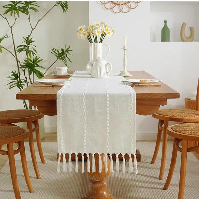 

1pc European Jacquard Geometric Table Flag Tassel Fashion Tea Flag Dining Flag Long Polyester Cotton Tablecloth Wedding Decor 33X160cm білий
