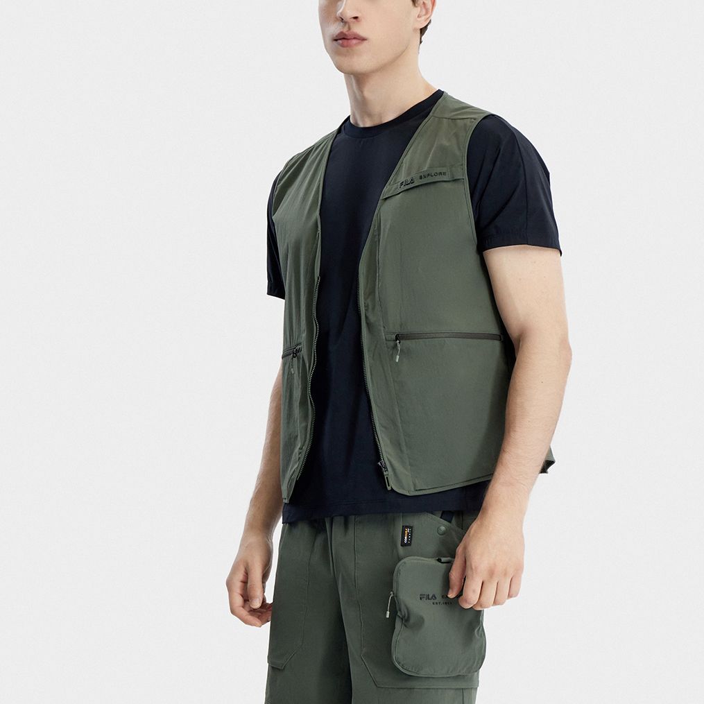 Fila Solid Color V-Neck Woven Vest Men Vests Green A11M327705F-DG