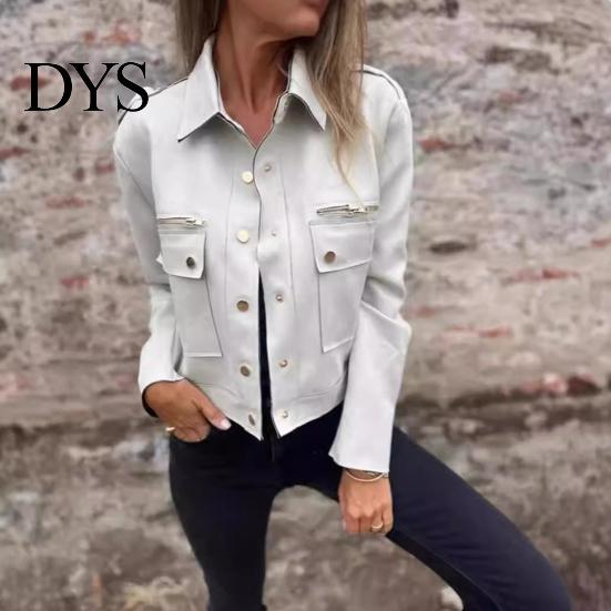 Women Jacket Autumn Spring Coat Flap Pocket Zipper Decor Turn-down Collar Long Sleeves Outerwear Single-breasted Buttons Cargo Style Daily Wear
