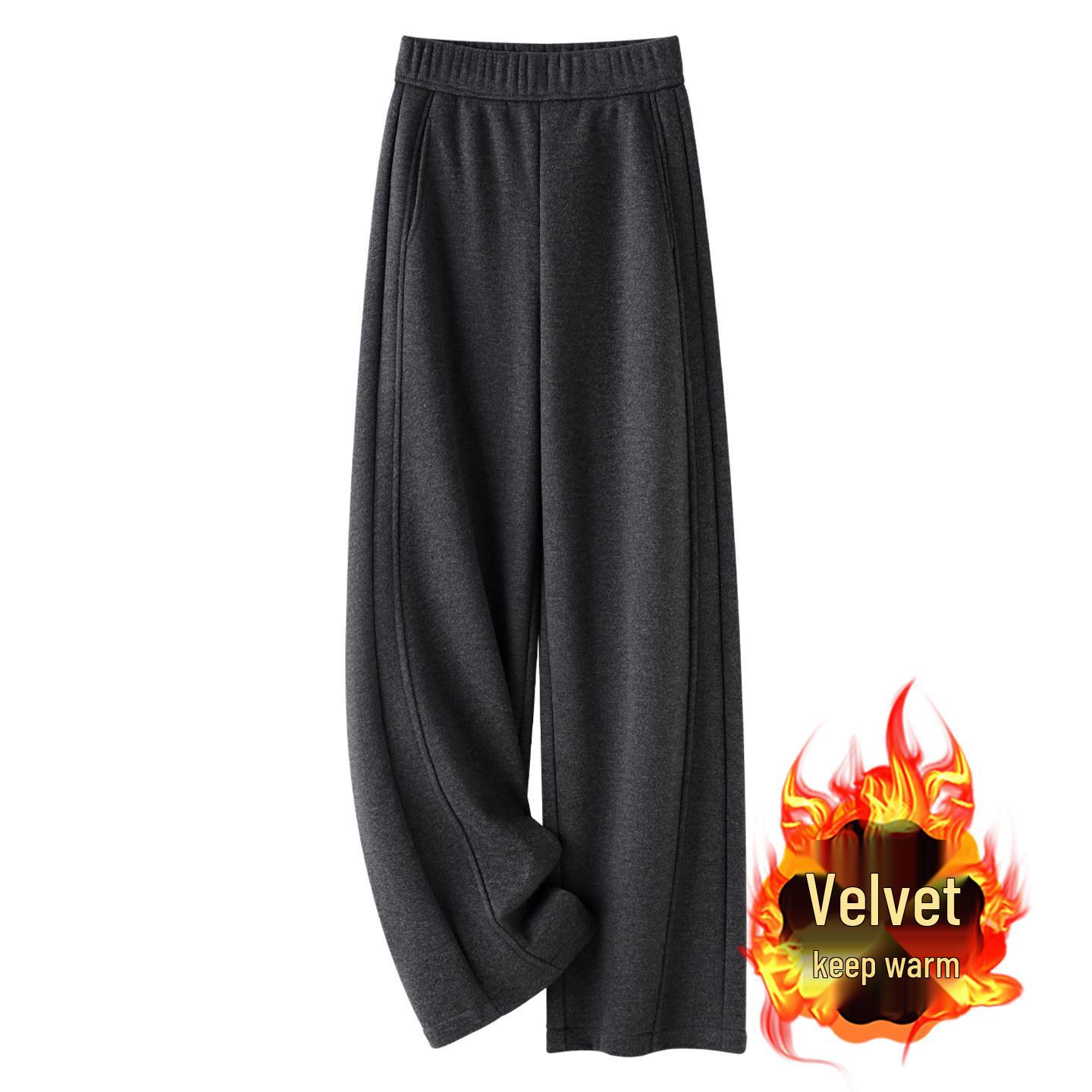 Women s Winter 2025 Gray Woolen Velvet-Enhanced High Waist Petite Wide-Leg Pants 2XL