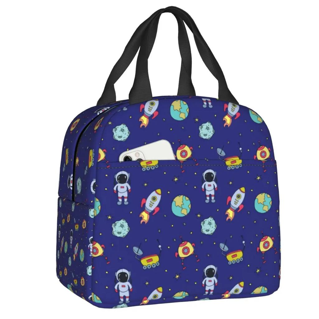 Cartoon Space Planet Rocket Thermal Insulated Lunch Bag Women Astronaut Spaceship Portable Lunch Box for Kids School Food Bags