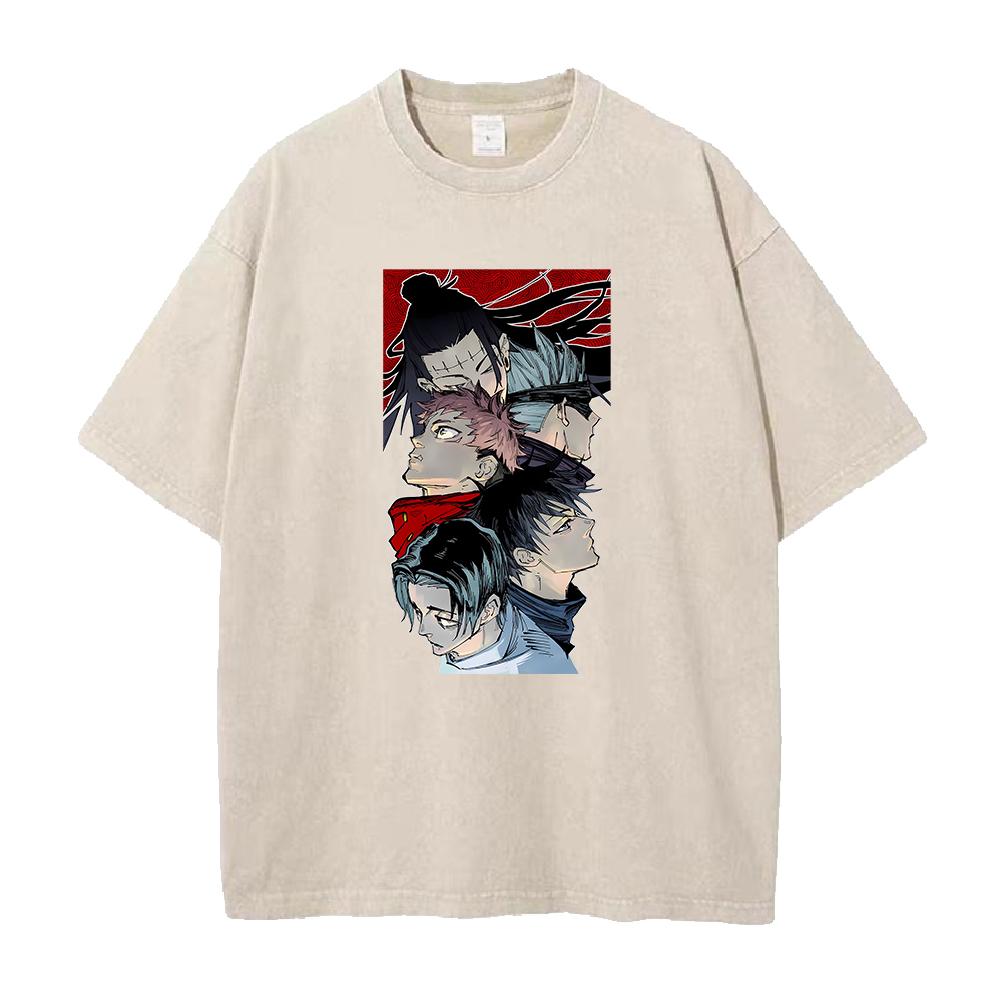 Anime Jujutsu Kaisen Itadori Yuji Fushiguro Megumi Print T-shirt Men Casual Tshirts Vintage Washed Tee Harajuku Cotton T Shirt