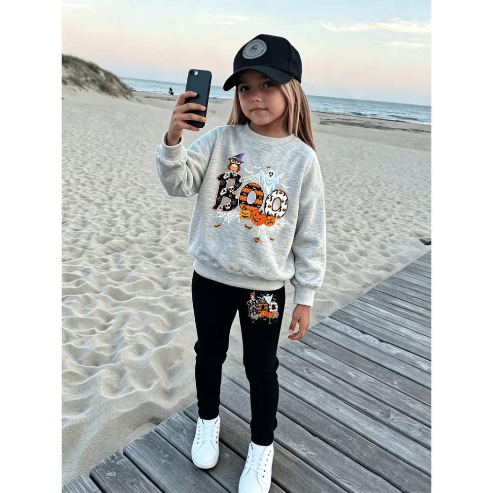 Girls' Halloween Boo Casual Comfortable Soft Loose Pullover Sweatshirt and Leggings 2-Piece Set, New Autumn/Winter, Playful, Sweet and Cool Style