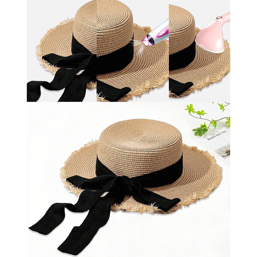 Beach HatJapanese Everything Hairy Edge Straw Hat Female Summer Flat Top Outing Sun Hat Small Fresh Bow Sun Shade Beach Hat
