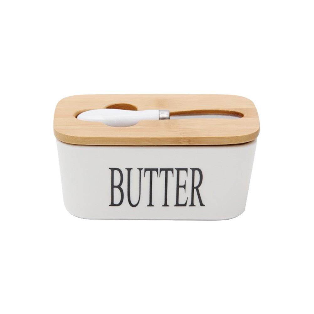 Butter Sealing Box Ceramic Butter Plate Wooden Lid and Cutter Cheese Storage Tray Butter Dish Container Box
