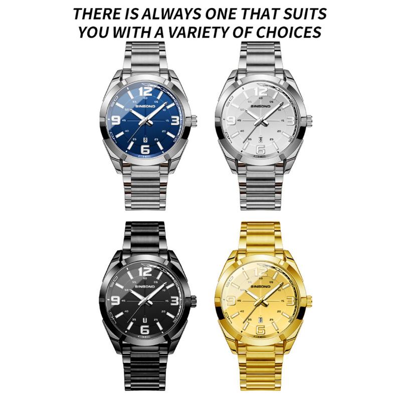 BINBOND Men's Watch Big Digital Fashion Business Waterproof Calendar Night Light Stainless Steel Quartz Men's Watch Men's Gift