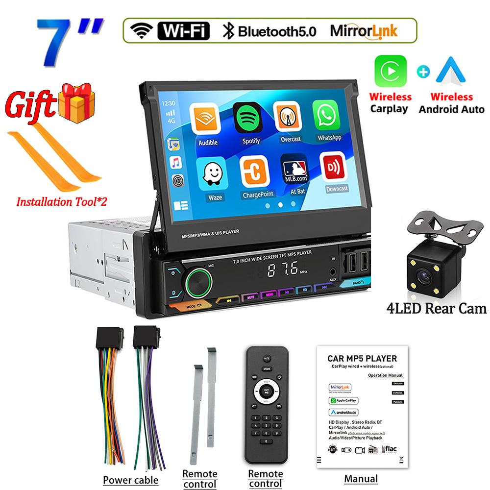 7 Inch Retractable Touch Screen Car Radio Single Din Multimedia Video Player Wireless Carplay Android Auto Car Audio Receivers