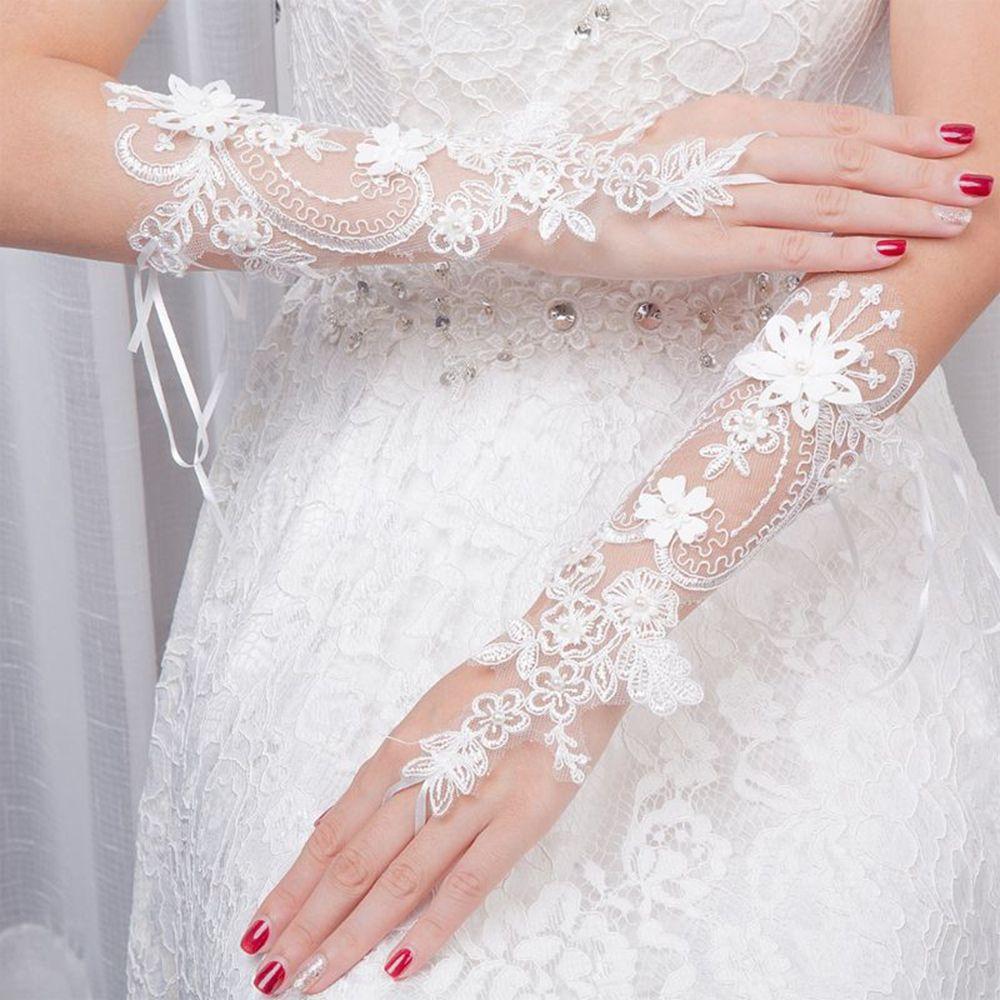 Gloves White Bowknot Pearl Hand Sleeve Bow Gloves Lace Mittens Wedding Bridal Gloves Women Gloves