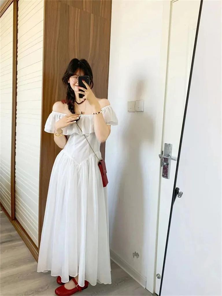 French ruffle edge one-word shoulder dress children's summer new super good-looking niche design temperament long dress