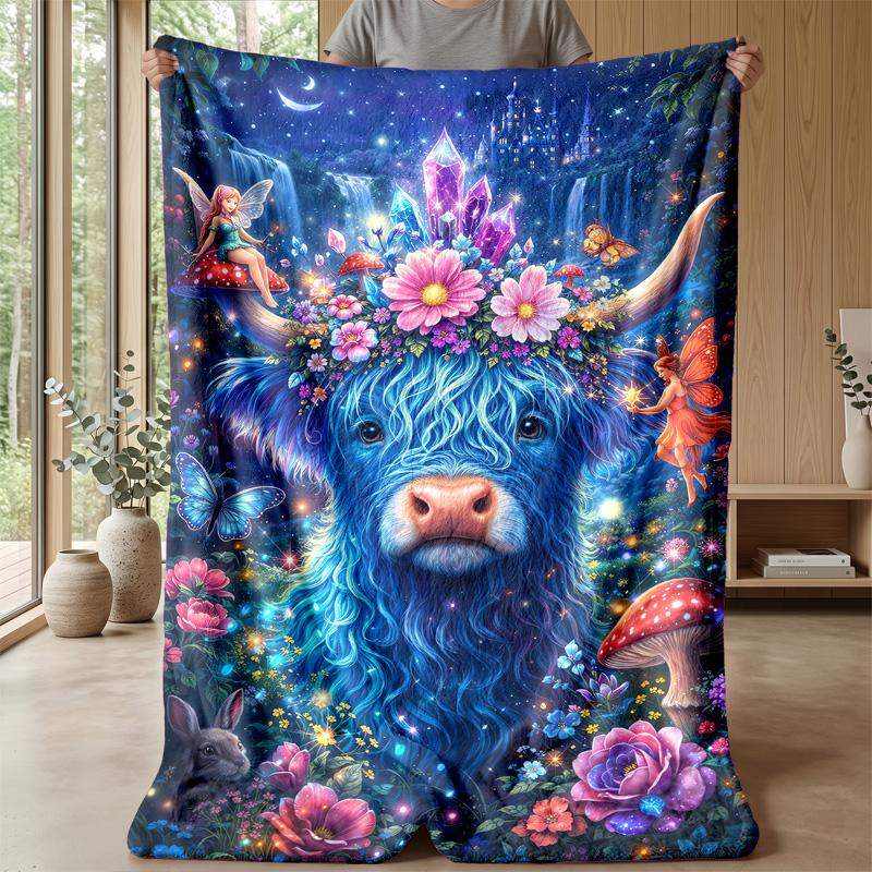 Fairy Highland Cow with Rainbow Theme blanket Lightweight Warm Flannel Blanket Decorative Throw Blanket for Home Decoration