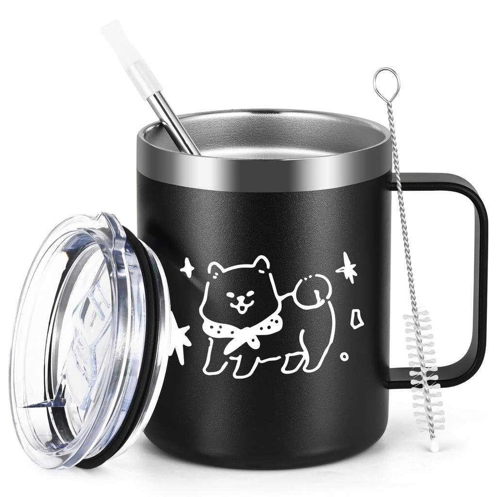 Livole Shiba Inu Gift for Men and 350ml Stainless Steel with Lid and Cute Gift Merchandise, Women, Mug, Insulated, Straw, (Black)