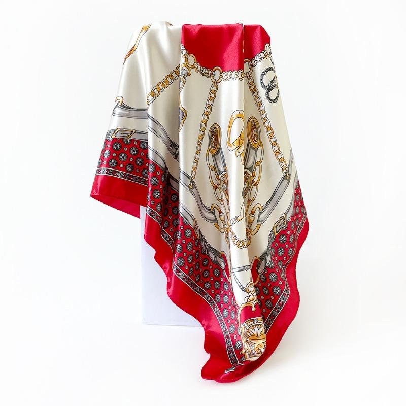 Versatile chain 90cm silk scarf square scarf high-end women's shawl retro printing satin bag headscarf