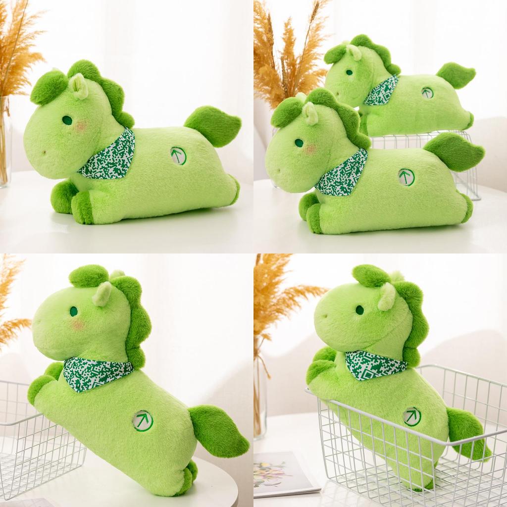 Green Plush Horse Toy With Mosaic Scarf Decor And Embroidery Design For Kid Gift