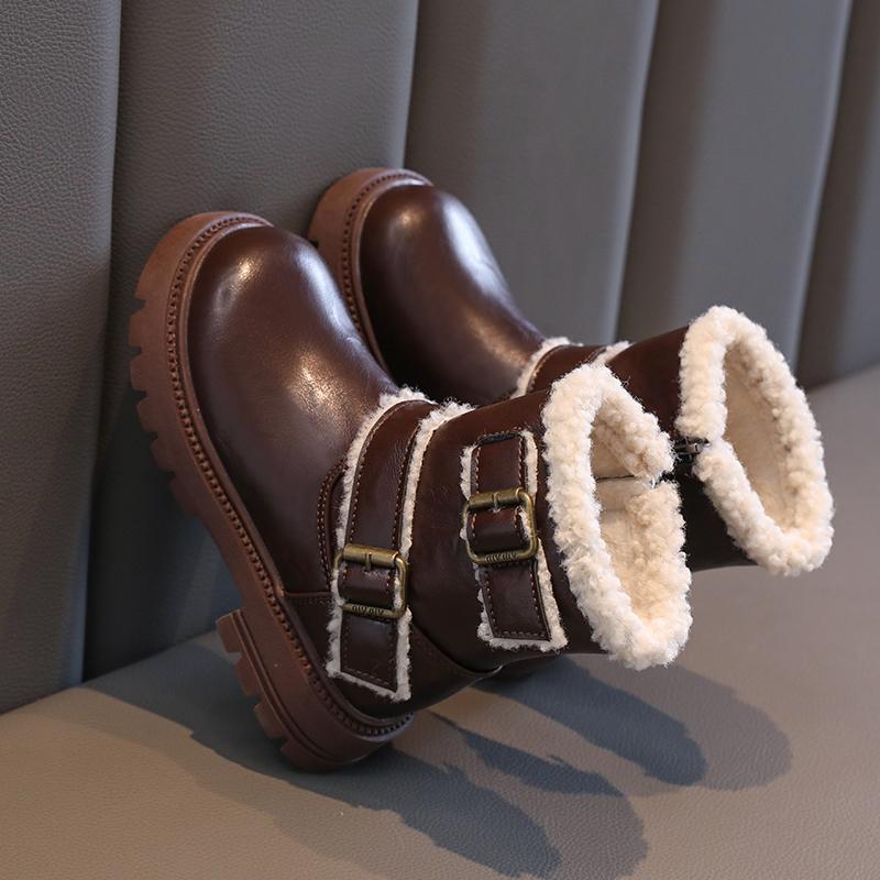 Girl Platform Black Leather Boots Simple Chic Winter Boots for Children Fashion Causal Versatile Kids British Style Cotton Boots