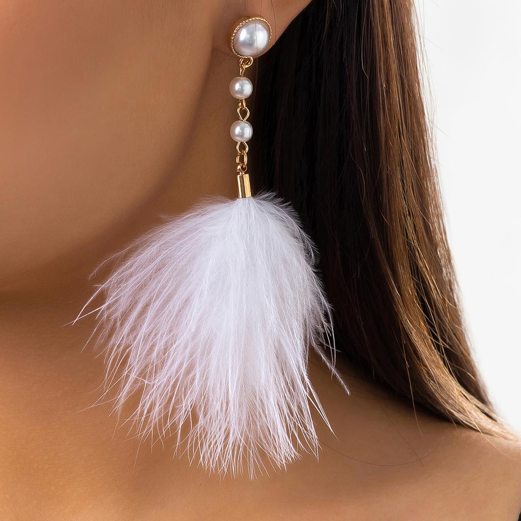Ingemark Romantic Long Tassel Fluffy Feather Drop Earrings for Women Wed Elegant Boho Imitation Zircon Dangle Earring Y2K Zircon