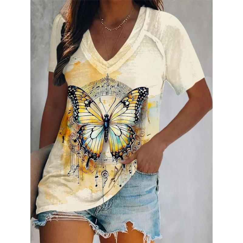3D Printed Short Sleeve Butterfly Floral Print Women's V-Neck T-Shirt Summer Loose Women's Casual Short Sleeve Top