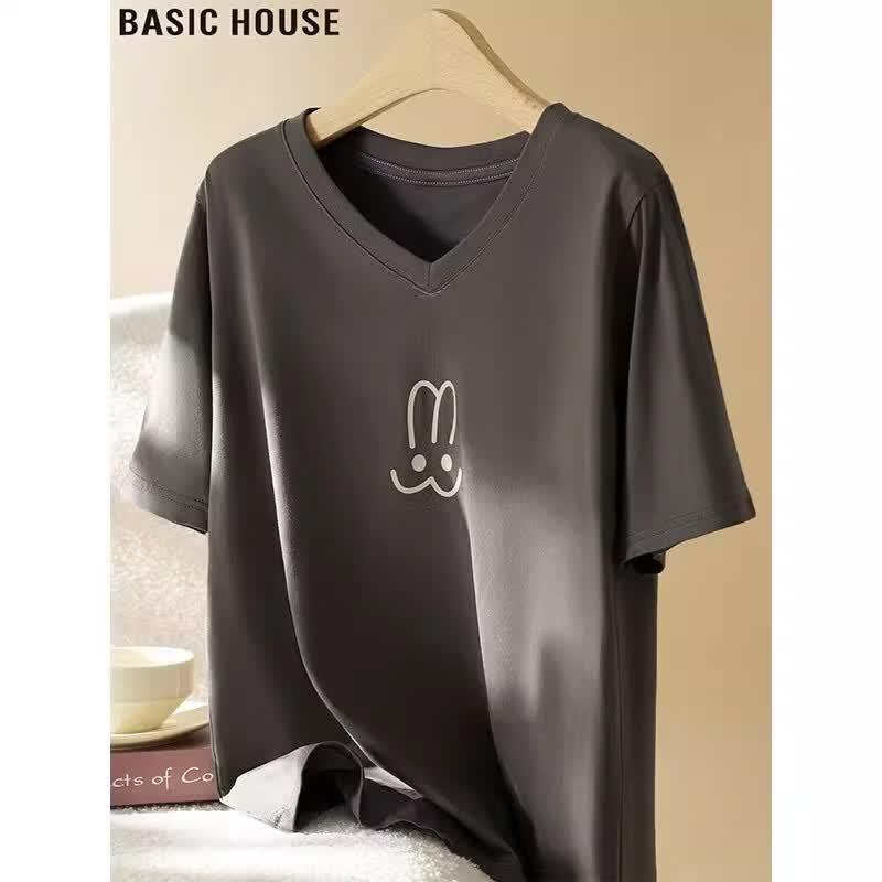 Basic House Women s Loose Fit V-Neck Short Sleeve T-Shirt L